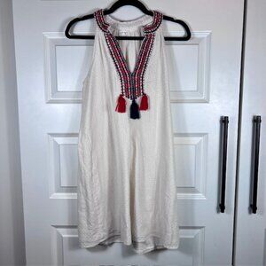THML Ivory Sleeveless Cotton Dress with Embroidered Neckline & Tassels Small